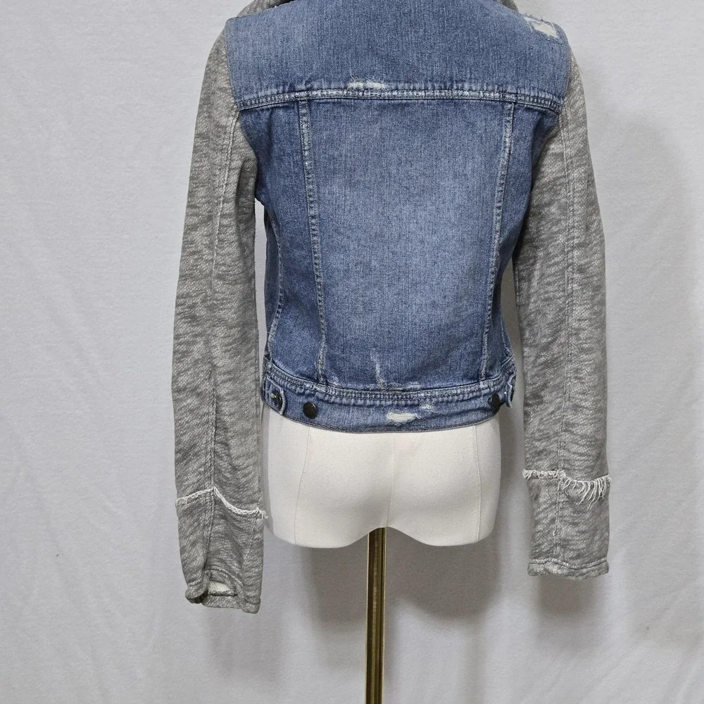 Free People‎ Jacket Womens Small Blue Gray Denim Fleece Hoodie Distressed Casual - Picture 7 of 16